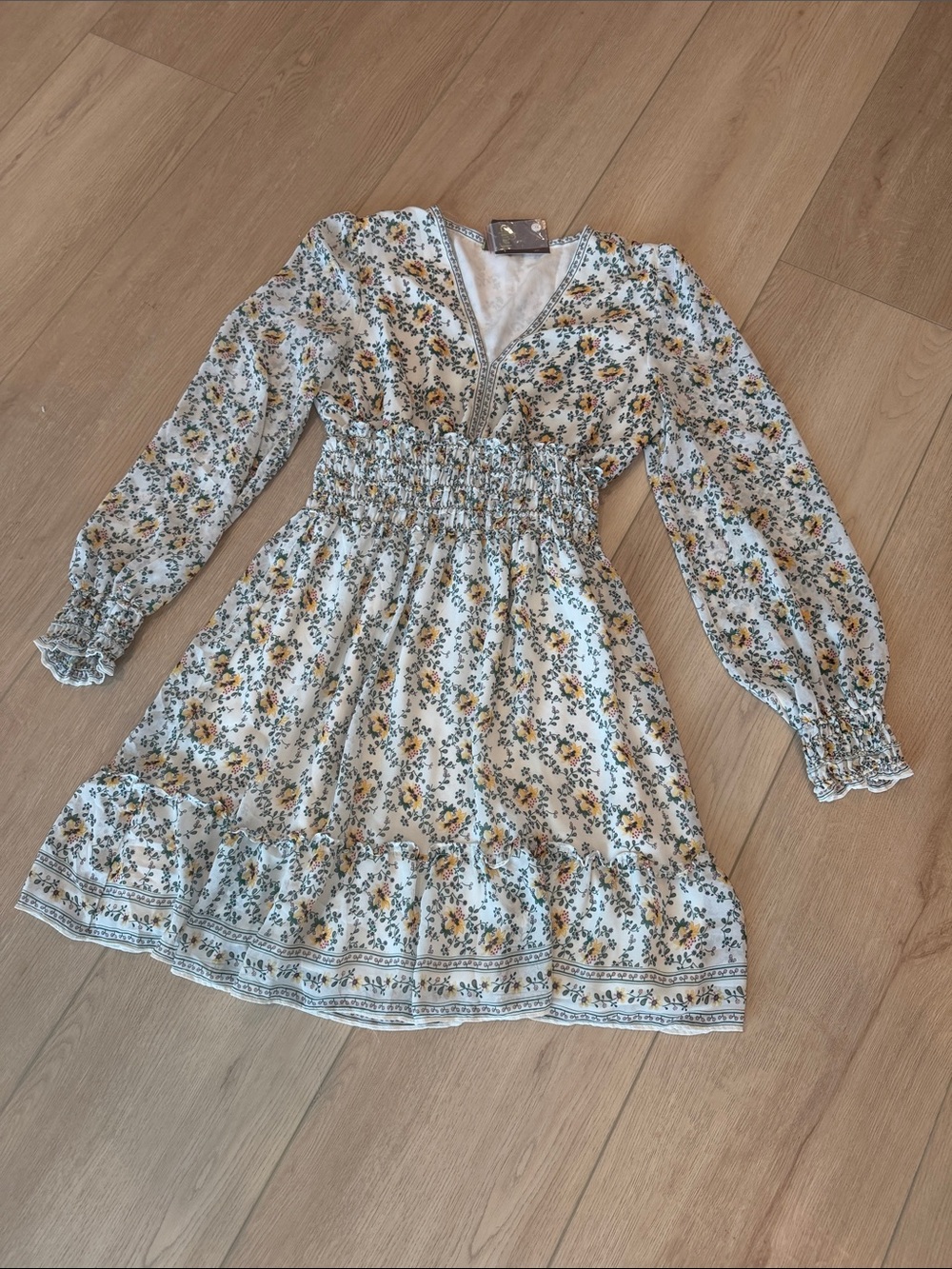 Taylor Floral Smocked Long Sleeve Mini Dress - Cream & Yellow NWT